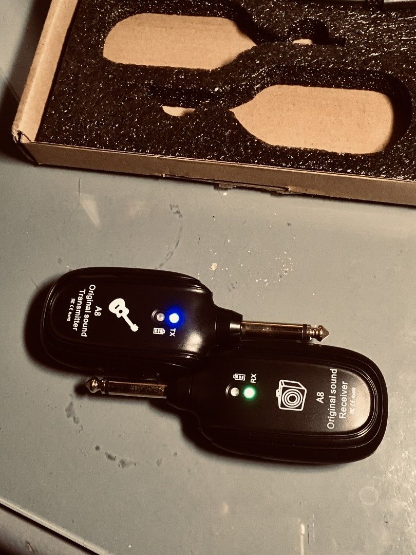 A8 Guitar bluetooth Wireless Transmitter Receiver (Category: Portable Audio Accessories) located in Caloocan City. Submitted by psychen09 (Listing ID 1441549636, Image 2). Description: A8 Guitar bluetooth wireless transmitter and receiver ₱200 Barely used, mostly for testing only. Great device for its price:) .