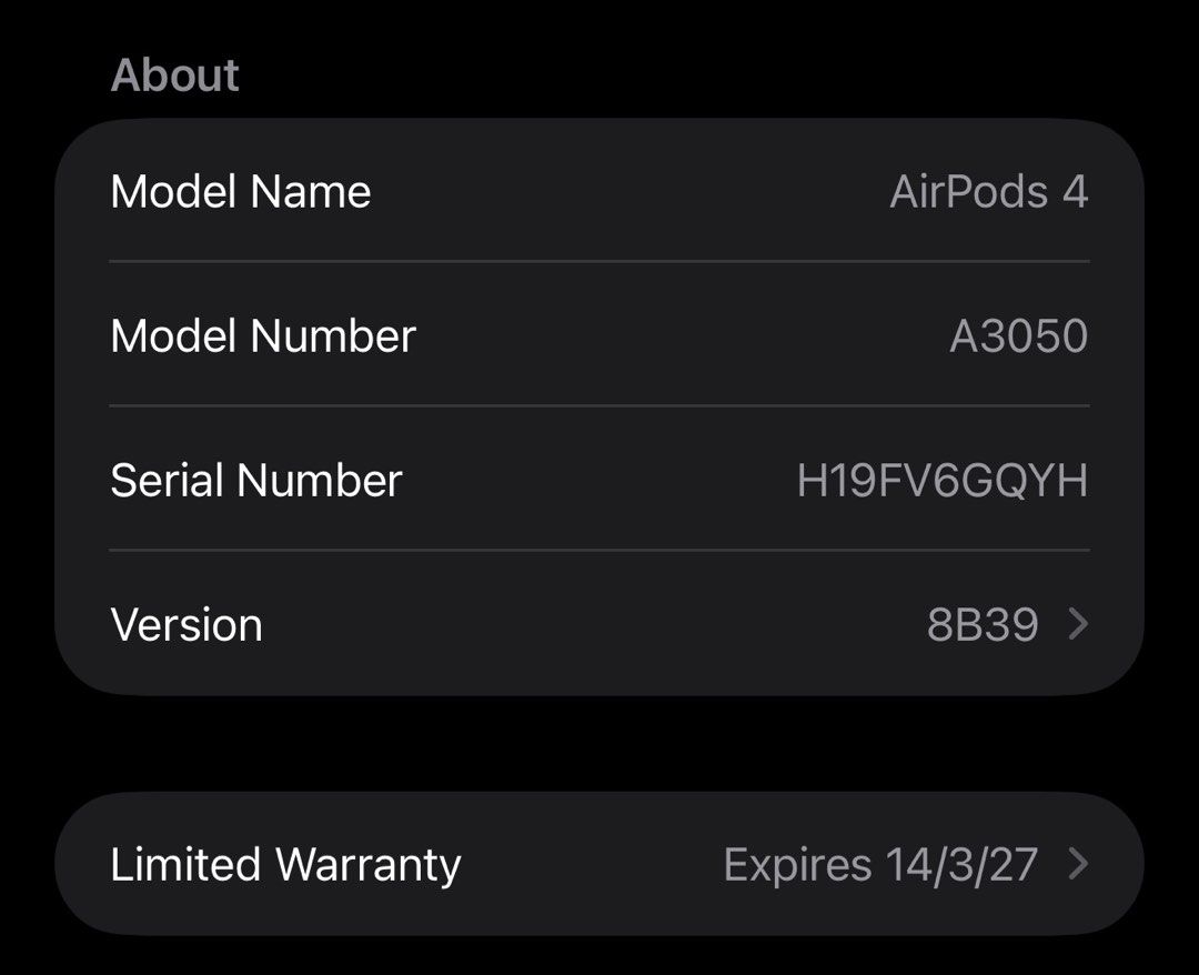 Apple AirPods 4 A3050 Wireless Earbuds (Category: Earphones) located in Biliran. Submitted by jeraldpaa (Listing ID 1441549526, Image 3). Description: Sa Australia gi palit Naa pa warranty (see photo) Wala issue - free case No charger or box (nabilin sa Australia Barato na 5.500 nalang Orig price 8.490 Pick up naval less- Apple AirPods 4 (Model A3050) - Includes charging case and both earbuds - Serial Number: H19FV6GQYH - Limited Warranty expires