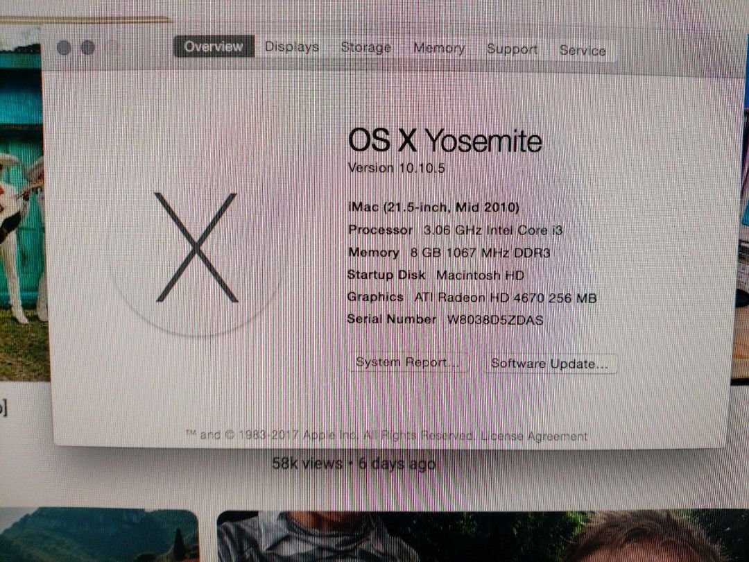 Apple iMac 21.5-inch Mid 2010 (Category: Desktops) located in Manila. Submitted by kenriosy (Listing ID 1441415458, Image 2). Description: - Apple iMac 21.5-inch (Mid 2010) - Processor: 3.06 GHz Intel Core i3 - Memory: 8 GB RAM - Graphics: ATI Radeon HD 4670 - Operating System: OS X Yosemite (10.10.5) - Condition: may pagka yellowish na display. and yung glass needs replacement. working ang wifi at bluetooth.