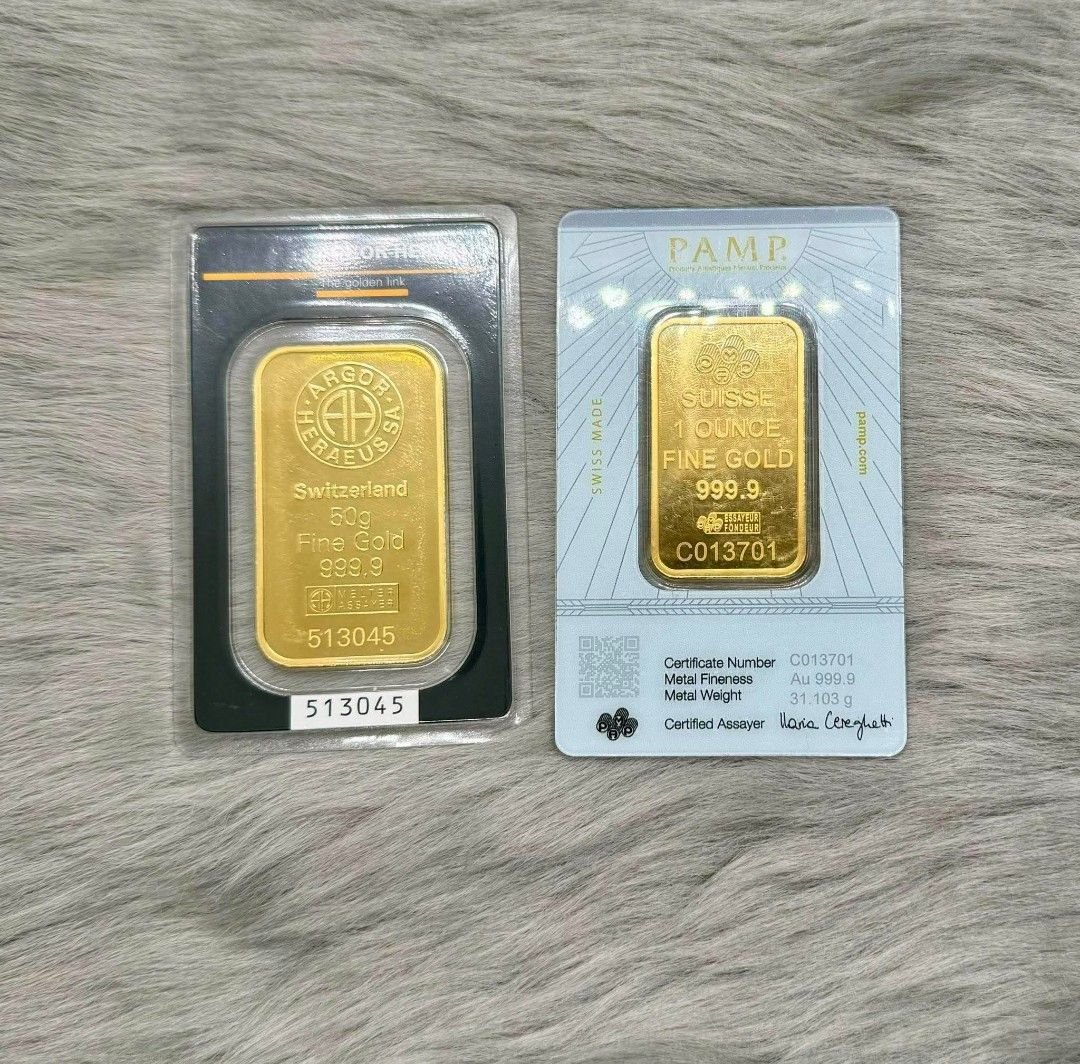 Argor-Heraeus & PAMP Suisse Gold Bars (Category: Currency) located in Manila. Submitted by trumpisthedevil (Listing ID 1441425236, Image 1). Description: - 1oz PAMP Suisse Gold Bar (999.9 Fine Gold) 283k - Three 50g Argor-Heraeus Gold Bars (999.9 Fine Gold) 455k - All bars come in original assay cards - Serial numbers visible in photos - Ideal for investment or collection - Serious buyers only.