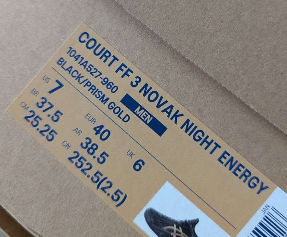 ASICS Court FF 3 Novak Night Energy Tennis Shoes (Category: Sneakers) located in Singapore. Submitted by audiible (Listing ID 1441533192, Image 2). Description: FAST DEAL $95 firm!! - ASICS Court FF 3 Novak Tennis Shoes (no box) - Color: Black / Prism Gold - Size: Men's US 7 - Ideal for court sports - Comfortable and supportive design.
