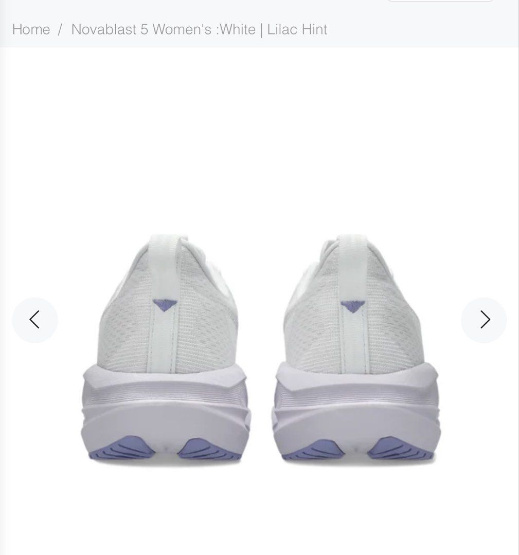 ASICS Novablast 5 Women's White Lilac Hint Running Shoes (Category: Sneakers) located in Singapore. Submitted by justlien (Listing ID 1441424317, Image 2). Description: Run only 1 time wearing this, around 4km. Really beautiful, comfy, great support and good acceleration during run. - ASICS Novablast 5 - Color: White/Lilac Hint - Size: Women's US 8 - Ideal for running - Lightweight and comfortable design.