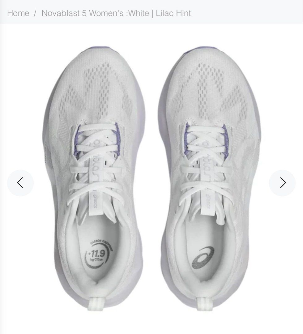 ASICS Novablast 5 Women's White Lilac Hint Running Shoes (Category: Sneakers) located in Singapore. Submitted by justlien (Listing ID 1441424317, Image 1). Description: Run only 1 time wearing this, around 4km. Really beautiful, comfy, great support and good acceleration during run. - ASICS Novablast 5 - Color: White/Lilac Hint - Size: Women's US 8 - Ideal for running - Lightweight and comfortable design.