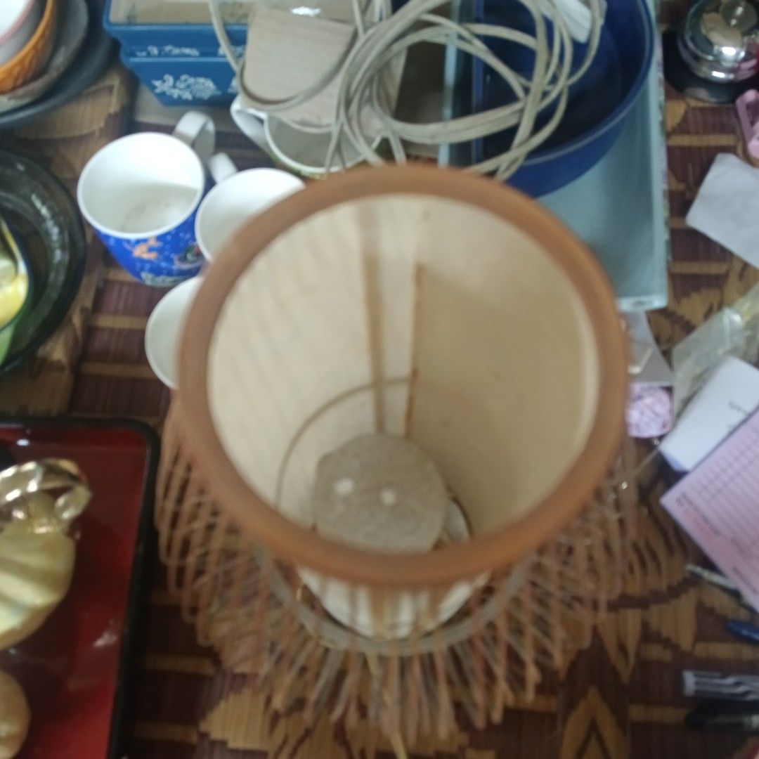Bamboo Woven Table Lamp with Fabric Shade (Category: Lighting) located in San Pablo. Submitted by uniquefinds2023 (Listing ID 1441389469, Image 2). Description: - Unique woven bamboo table lamp - Light-colored fabric shade - Distinctive cage-like design - Round bamboo base - Visible cord - Adds a natural, earthy vibe - Great for bedside or living room.