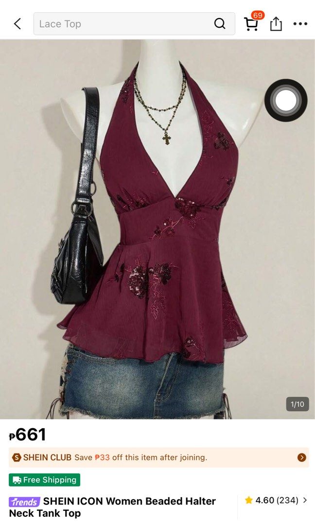 Beaded Halter Neck Top & Embroidered Skirt Set (Category: Sets or Coordinates) located in Taguig. Submitted by alyspendingmoolah (Listing ID 1441435942, Image 3). Description: - Maroon halter neck top with beaded details and peplum hem - Matching sheer embroidered A-line skirt - Both items are from SHEIN - Ideal for night outs or parties - Selling as a complete set - Top fits XS-S body frame .