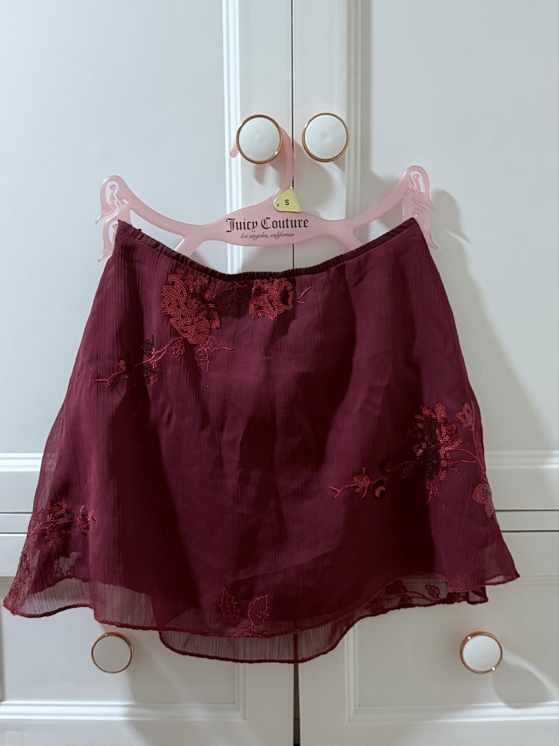 Beaded Halter Neck Top & Embroidered Skirt Set (Category: Sets or Coordinates) located in Taguig. Submitted by alyspendingmoolah (Listing ID 1441435942, Image 2). Description: - Maroon halter neck top with beaded details and peplum hem - Matching sheer embroidered A-line skirt - Both items are from SHEIN - Ideal for night outs or parties - Selling as a complete set - Top fits XS-S body frame .