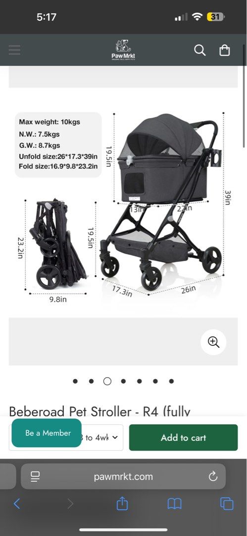 Beberoad Pet Stroller - R4 (Category: Homes & Other Pet Accessories) located in Singapore. Submitted by 6gm5u (Listing ID 1441519721, Image 1). Description: - Beberoad R4 Pet Stroller - Max Weight Capacity: 10kg - Unfolded Dimensions: 26" x 17.3" x 39" - Folded Dimensions: 16.9" x 9.8" x 23.2" - Net Weight: 7.5kg - Gross Weight: 8.7kg - Features: Cup holder and storage basket - Easy folding for convenient storage - Perfect for taking your pet on 
