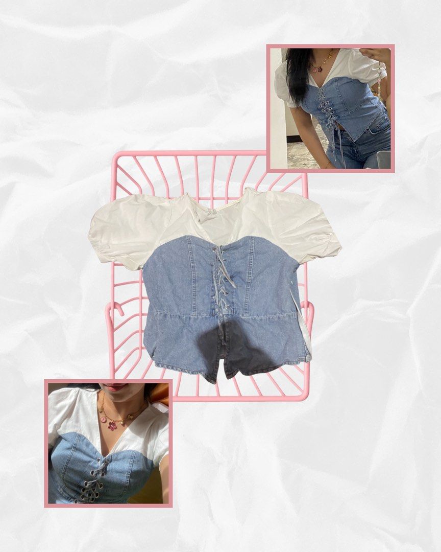 corset puff sleeve top (Category: Others Tops) located in Manila. Submitted by wellovedbysa (Listing ID 1441556822, Image 1). Description: corset top with denim detail and puff sleeve.