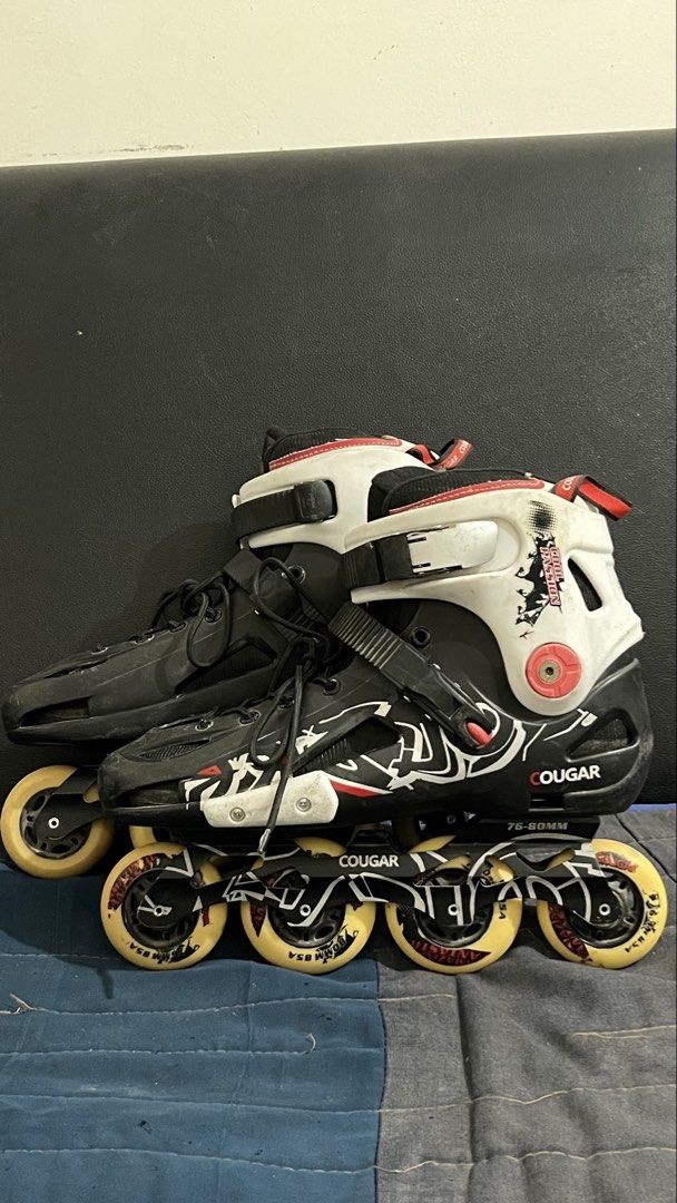 Cougar Inline Skates Size 44 (Category: Skates, Rollerblades & Scooters) located in San Jose. Submitted by agalayugo25244 (Listing ID 1441405839, Image 1). Description: - Cougar inline skates - Size 44 - Color: Black and white with red accents - Wheels: Yellow, 'Cougar 72mm 80A' - Ideal for casual skating/cruising.