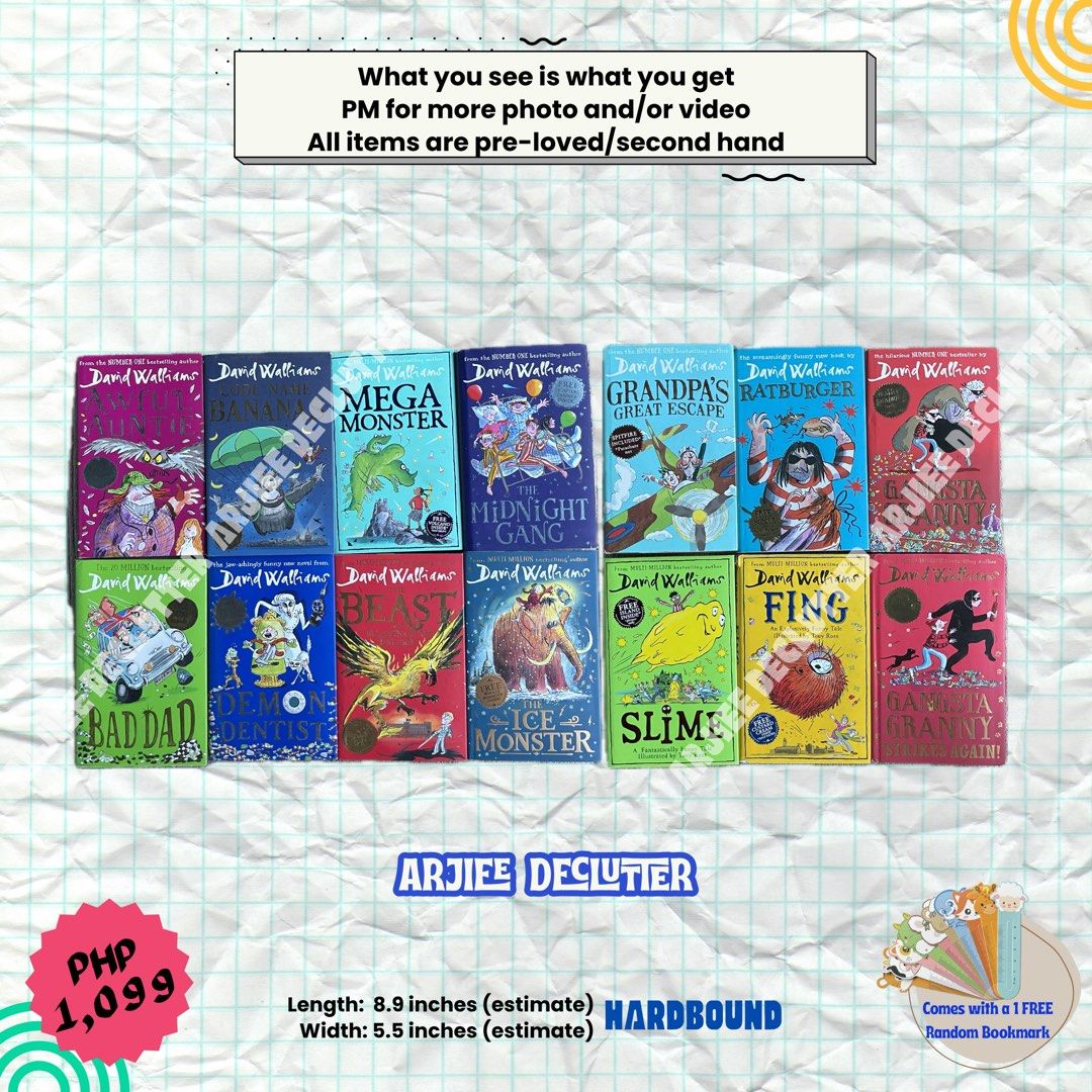 David Walliams Books (SET 14 Books) (Category: Storybooks) located in Tayabas. Submitted by arjieedeclutter (Listing ID 1441397630, Image 1). Description: For Transaction visit Arjiee Declutter on EPBI and there is also an individual posting for the condition of the posted product 🧾MOP: Gcash (PAYMENT FIRST) 📦MOD: 🍊 and ⚫️ app for SHIPPING CHECK OUT ONLY/J&T (direct)/LBC/Flash Express Reservation “WITHIN 24 HOURS” upon invoice All items are pr