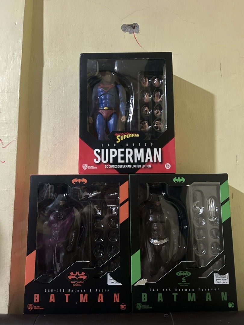 DC Comics MAFEX Superman, Batman, Robin, Batman Returns Figures (Category: Figurines & Statues) located in Mandaluyong City. Submitted by twovv (Listing ID 1441552232, Image 1). Description: - MAFEX DC Comics Action Figures - Includes: Superman, Batman & Robin, Batman Returns Batman - Condition: Brand new, sealed in original boxes - Ideal for collectors - Feel free to ask questions.