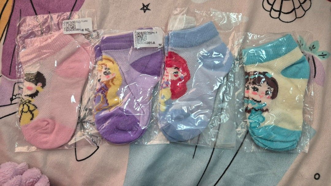 Disney Princess Ankle Socks Set (4 Pairs) (Category: Babies & Kids Fashion) located in Manila. Submitted by mommy_norms (Listing ID 1441567764, Image 1). Description: - Set of 4 cute ankle socks featuring beloved Disney Princesses (Rapunzel, Ariel, Cinderella). - Comes with four different designs and colors. - Perfect for Disney fans of all ages. - Ideal for everyday wear. - Makes a wonderful gift. - Each pair is individually packaged..