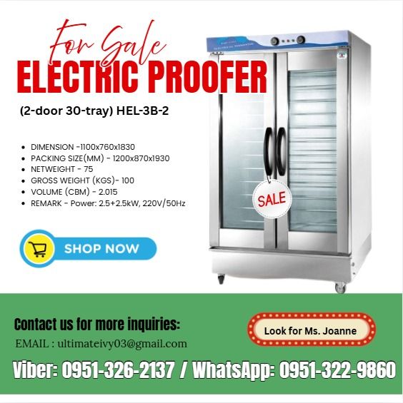 Electric Proofer (2-door 30-tray) HEL-3B-2 (Category: Construction Tools & Equipment) located in Caloocan City. Submitted by jynneyu68319 (Listing ID 1441478019, Image 1). Description: DIMENSION -1100x760x1830 PACKING SIZE(MM) - 1200x870x1930 NETWEIGHT - 75 GROSS WEIGHT (KGS)- 100 VOLUME (CBM) - 2.015 REMARK - Power: 2.5+2.5kW, 220V/50Hz 📝: Price subject may change without prior notice. 📝: Supply pattern Stock/make-to-order Terms Of Payment : �