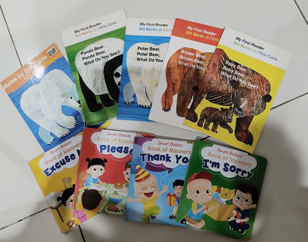 Eric Carle "My First Reader" & "Smart Babies" Book Set (Category: Children's Books) located in Quezon City. Submitted by disco_10 (Listing ID 1441484357, Image 1). Description: - Set of 8 children's books - Includes Eric Carle's "My First Reader" series - Titles include: Panda Bear, Polar Bear, Brown Bear, Baby Bear - Includes "Smart Babies Book of Manners" series - Titles include: Excuse Me, Please, Thank You, I'm Sorry - Ideal for early readers
