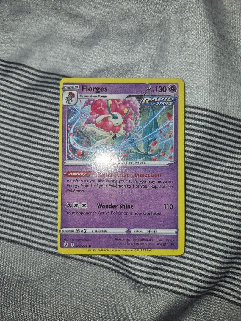Florges Pokemon Card - Rapid Strike (Category: Toys & Games) located in Singapore. Submitted by epicpenguin2067 (Listing ID 1441493209, Image 1). Description: - Florges Pokemon Card - Rapid Strike Style - 130 HP - Ability: Rapid Strike Connection - Attack: Wonder Shine - Perfect for your Pokemon collection!.