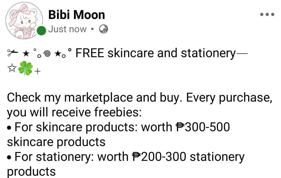 FREE SKINCARE AND STATIONERY (Category: Announcements) located in Tagum. Submitted by bibisell7 (Listing ID 1441495563, Image 1). Description: ✃ ⋆ ˚｡𖦹 ⋆｡° FREE skincare and stationery— ✩🍀₊ Check my marketplace and buy. Every purchase, you will receive freebies: • For skincare products: worth ₱300-500 skincare products • For stationery: worth ₱200-300 stationery products.