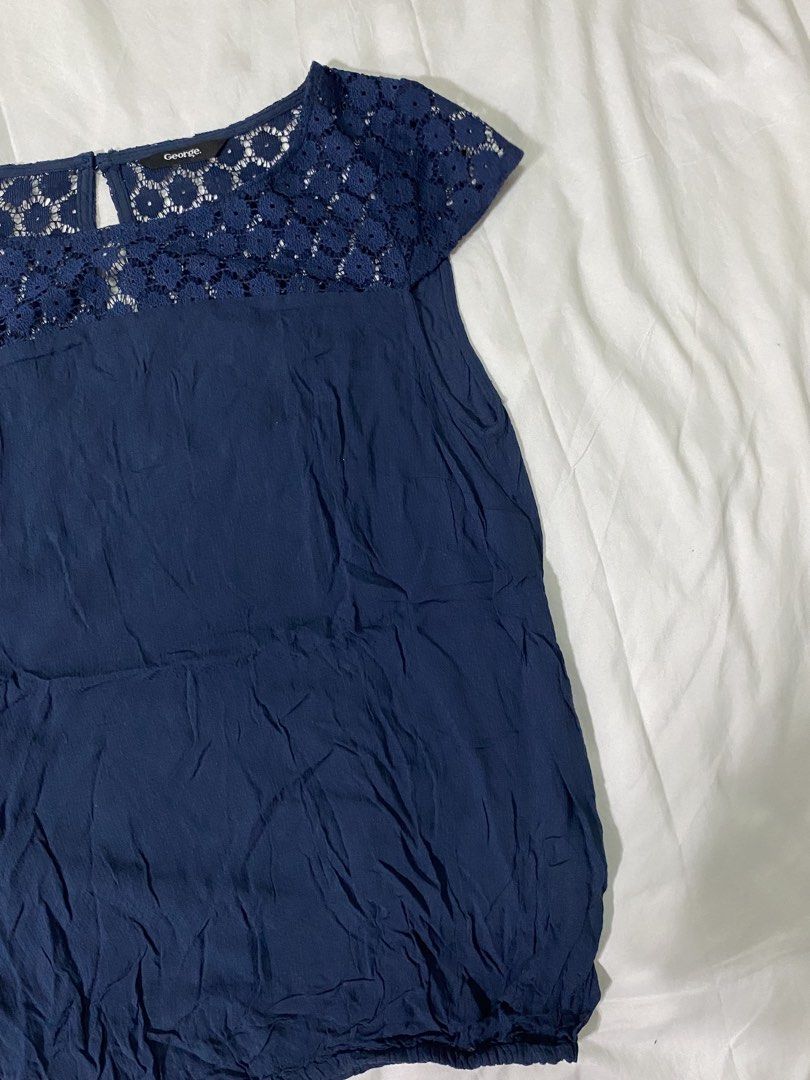 GEORGE Navy Blue Lace Top Blouse ****MEASUREMENTS AND MORE DETAILS ARE ALREADY IN THE DESCRIPTION, PAKIBASA NALANG PO.** (Category: Blouses) located in San Mateo. Submitted by sellstuffs_mnl (Listing ID 1441570977, Image 3). Description: **NO WHEN WORN!** Still in Excellent Condition Size fits: Small, Medium Color Rate: 10/10 No stains, No holes, no tastas Dimensions: (Measured using Tape Measure) • Shoulders to Shoulders: 13.5 - 14 inches •Lengt