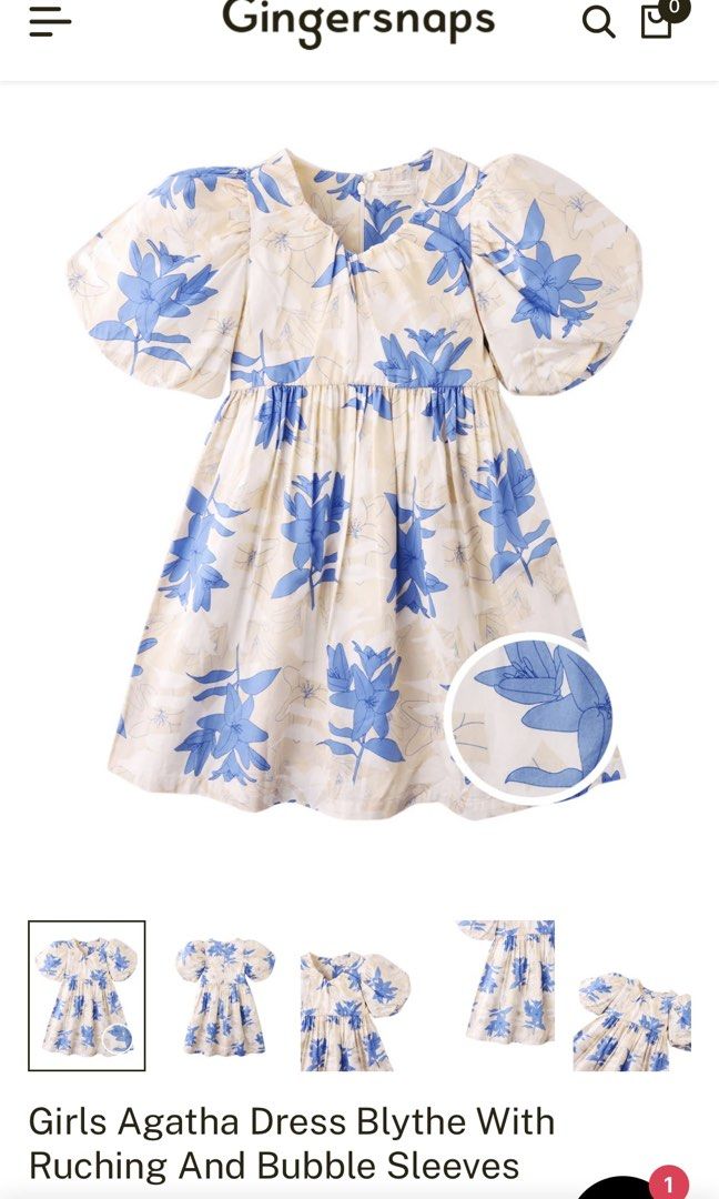 Gingersnaps Blue Bubble/Puff Sleeves Dress (Category: Babies & Kids Fashion) located in Taguig. Submitted by albm.business (Listing ID 1441488906, Image 1). Description: - Brand: Gingersnaps - Model: Agatha Blythe - Design: Ruching and bubble sleeves - Print: Floral with blue flowers on a cream background - Occasion: Perfect for parties or casual wear - Appeal: Your little one will love it!.