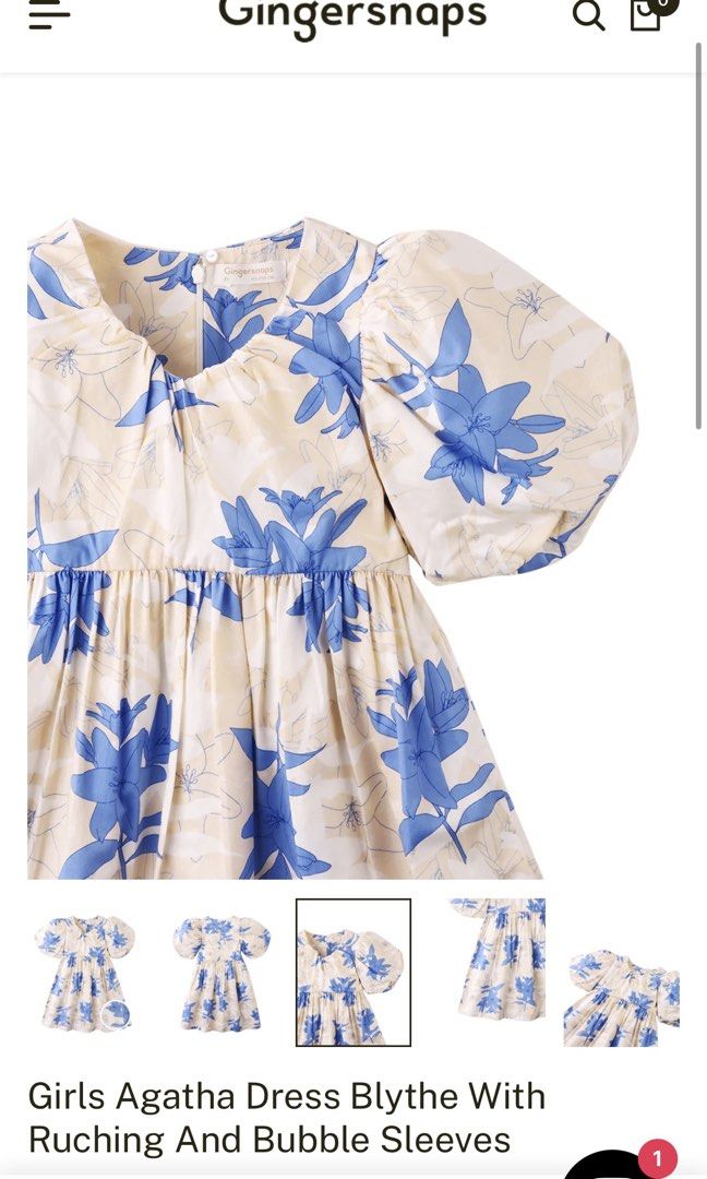 Gingersnaps Blue Bubble/Puff Sleeves Dress (Category: Babies & Kids Fashion) located in Taguig. Submitted by albm.business (Listing ID 1441488906, Image 2). Description: - Brand: Gingersnaps - Model: Agatha Blythe - Design: Ruching and bubble sleeves - Print: Floral with blue flowers on a cream background - Occasion: Perfect for parties or casual wear - Appeal: Your little one will love it!.