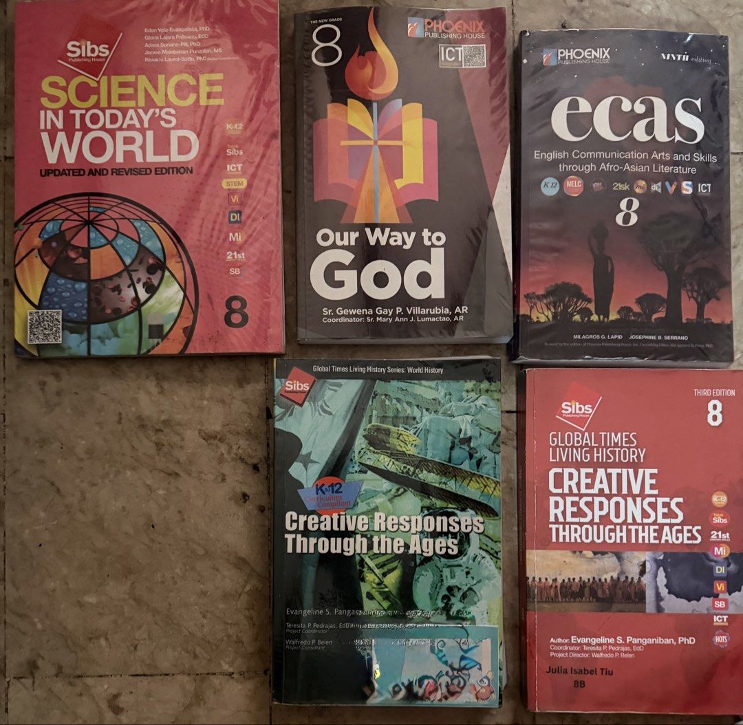 Grade 8 Textbooks: Science, Religion, History (Category: Textbooks) located in Makati City. Submitted by tuffbrat (Listing ID 1441495075, Image 1). Description: - Bundle of Grade 8 textbooks - Includes: Science in Today's World, Our Way to God, - SOLD ❌ECAS (English Communication Arts and Skills) - Also includes two copies of Creative Responses Through the Ages (Global Times Living History).