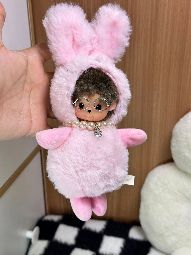 Hello Patsy with glasses pink bunny costume 'Monchhichi' like Monkey Bag Charm Strap Keychain (Category: Character Goods) located in Quezon City. Submitted by genie.fluff (Listing ID 1441459331, Image 1). Description: hard head vinyl face plush body with glasses ⚠️ As‑is sale only | No return / change / cancel.