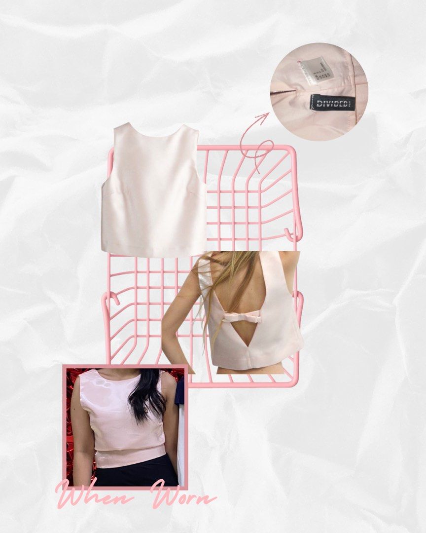 H&M Pink Satin Crop Top (Category: Sleeveless) located in Manila. Submitted by wellovedbysa (Listing ID 1441558681, Image 1). Description: - used once only - pink crop top from H&M Divided - V-back with bow detail.