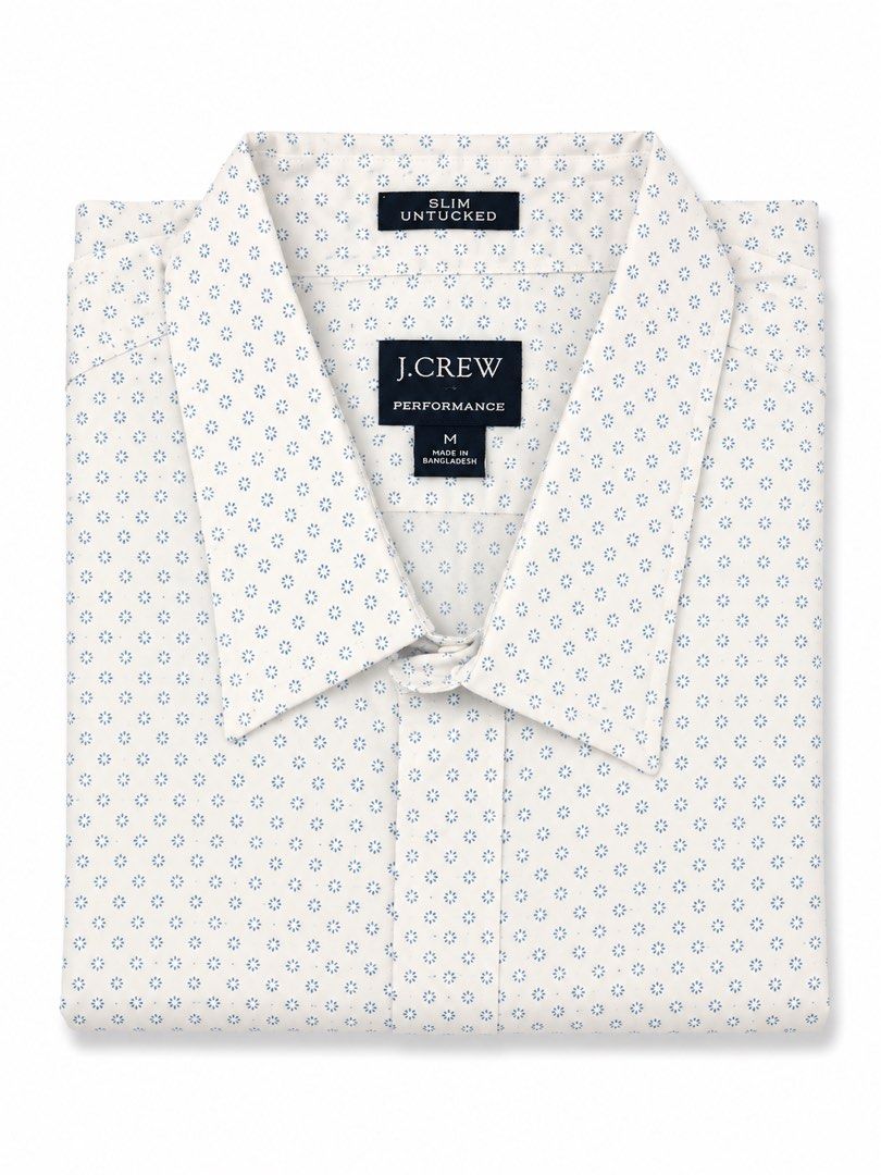 J. Crew Slim Unlocked Performance Shirt (Category: Tshirts & Polo Shirts ) located in Quezon City. Submitted by jong_17 (Listing ID 1441430003, Image 1). Description: - White J. Crew button-up shirt - Slim fit - Subtle blue geometric pattern - Versatile: dress up or down - Unisex style - Easy to pair with shorts or pants.