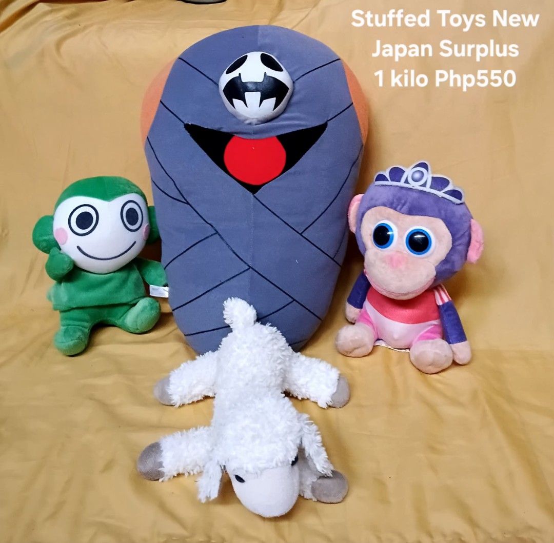 Japan Surplus Stuffed Toys - 1 Kilo (Category: Plushies & Soft Toys) located in Manila. Submitted by osc2026 (Listing ID 1441517121, Image 1). Description: - Bundle of Japan surplus stuffed toys - Includes: Large mummy toy, green monkey, purple monkey with crown, white sheep - Ideal for collectors or as gifts - Approximate weight: 1 kilo.