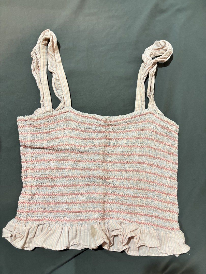 Just G - Striped Smocked Top (Category: Sleeveless) located in Paranaque City. Submitted by bestbunnyhop (Listing ID 1441411551, Image 1). Description: Cute pink and white striped smocked crop top Kept in closet, barely used Rfs decluttering .