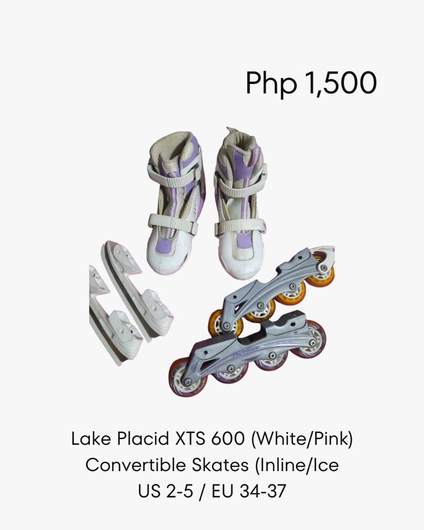 Lake Placid XTS 600 Convertible Inline/Ice Skates (Category: Skates, Rollerblades & Scooters) located in Meycauayan. Submitted by oddwind_086cab (Listing ID 1441447014, Image 1). Description: - Lake Placid XTS 600 Convertible Skates - Color: White and Pink - Versatile: Use as inline skates or ice skates - Size: Fits US sizes 2-5 (EU 34-37) - Ideal for learning to skate or for recreational fun.