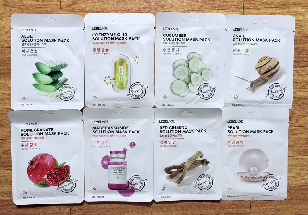LEBELAGE Solution Mask Packs - Choose Your Variant! (Category: Face Care) located in Manila. Submitted by chie718 (Listing ID 1441522488, Image 1). Description: 💚 LEBELAGE Solution Mask Pack SET (100 for 4 PIECES) - Available Variants: Aloe, Coenzyme Q-10, Cucumber, Snail, Pomegranate, Madecassoside, Red Ginseng, Pearl - Size: 25g / 0.85 fl.oz per pack - Benefits: Hydration, Nutrition, Skin Improvement - Perfect for addressing various skin needs