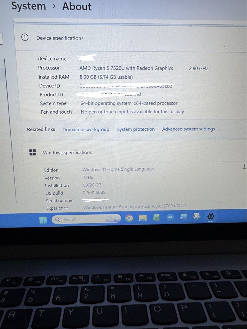 Lenovo Laptop AMD Ryzen 5 7520U Windows 11 (Category: Laptops & Notebooks) located in Zamboanga. Submitted by carmiedulatre (Listing ID 1441518560, Image 2). Description: - Lenovo Laptop - Processor: AMD Ryzen 5 7520U with Radeon Graphics - Memory: 8GB RAM - Operating System: Windows 11 Home Single Language - Purchase Date: 09/20/23 - Display: No pen or touch input - Ideal for: Everyday use Issue: Battery no longer detected, but working totally f
