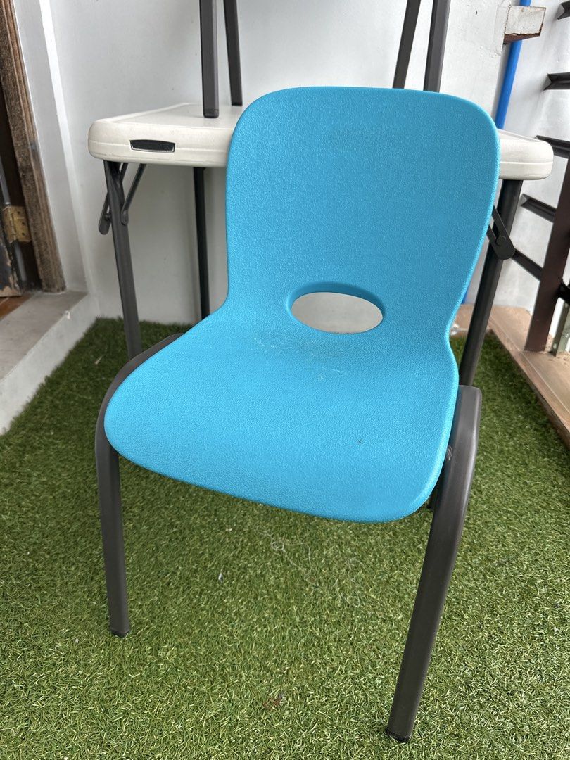 Lifetime Kids Table and Chairs AS SET (Category: Tables & Sets) located in Manila. Submitted by classywardrobemanila (Listing ID 1437471954, Image 2). Description: Sold as SET! RFS: Outgrown by the kids Negotiable - Lifetime square table with white surface and black folding legs - Includes two blue chairs - Chairs feature a hole in the backrest and black legs - Perfect for kids' play area or activities.