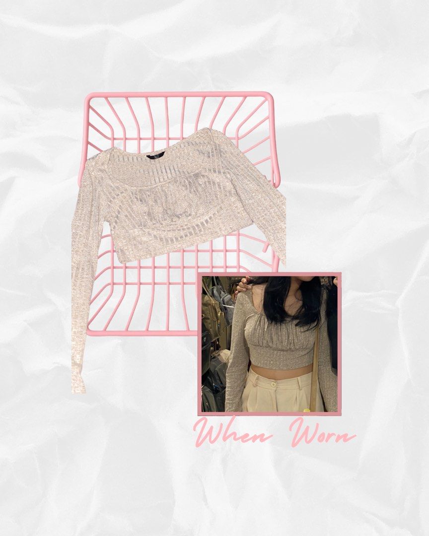 long sleeve ruched crop top (Category: Longsleeves) located in Manila. Submitted by wellovedbysa (Listing ID 1441557981, Image 1). Description: - Sheer long-sleeved top - Front ruched detail - Very stretchy material.