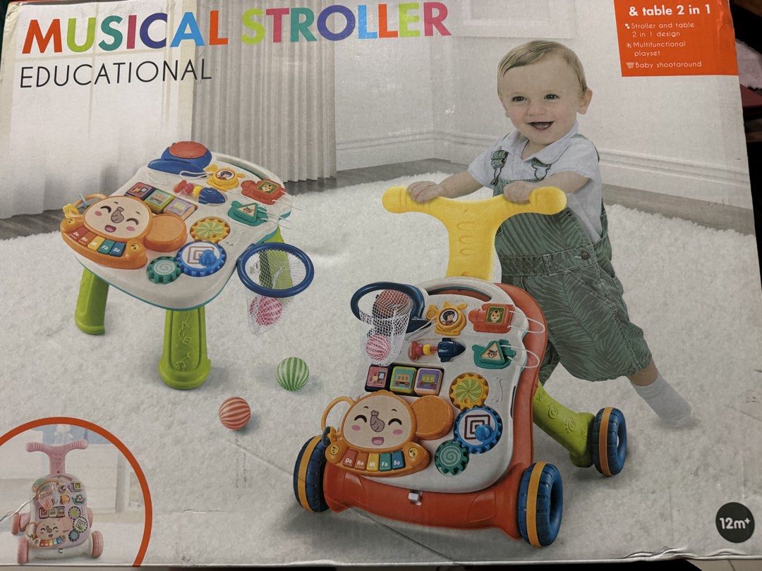 Musical Stroller & Table 2-in-1 Educational Baby Walker (Category: Infant Playtime) located in Pasig City. Submitted by rodzrox (Listing ID 1441509398, Image 1). Description: - 2-in-1 Musical Stroller and Educational Table - Includes Basketball Hoop with Balls - Features various Interactive Toys and Gears - Suitable for Babies 12 Months and Up - Ideal for Learning and Playtime.