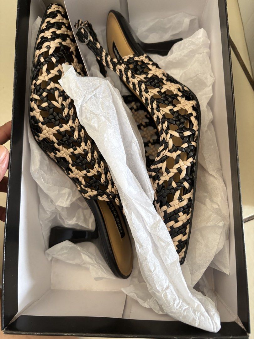 Nine West Madalene2 Slingback Woven Heels (Category: Heels) located in Paranaque City. Submitted by koa30 (Listing ID 1441448033, Image 1). Description: - Nine West woven slingback heels - Classic black and beige pattern - Elegant pointed toe - Stylish flared heel - Includes original box and tissue paper - Perfect for dressing up or down.
