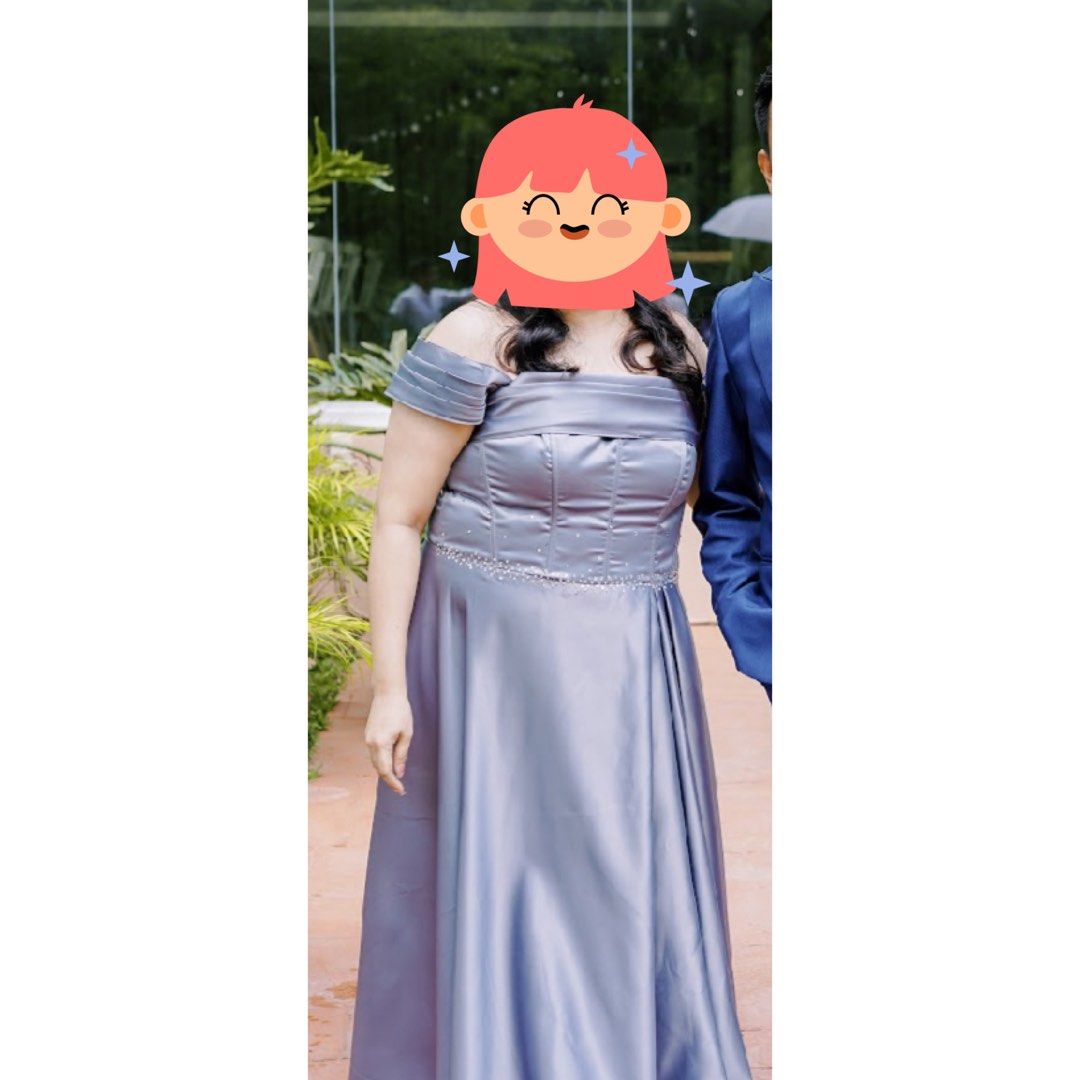 Off-Shoulder Grey Formal Gown with Beaded Waist (Category: Evening dresses & gowns) located in Taytay. Submitted by annequeen88 (Listing ID 1441425965, Image 2). Description: - Original price 3k -Stunning grey off-shoulder gown - Elegant beaded detail at the waist - Full-length skirt - Ideal for formal events or as a bridesmaid dress - Comfortable fit, worn only once for a wedding.