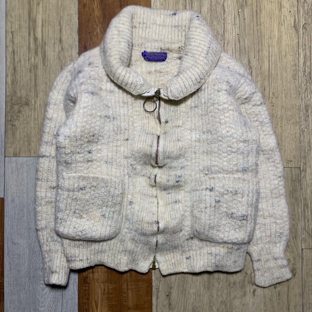 Pendleton - Vintage Wool Shawl Collar Zip Cardigan Sweater Cream Fleck (Category: Coats, Jackets and Outerwear) located in Manila. Submitted by thebluemax (Listing ID 1441386801, Image 1). Description: Pendleton - Vintage Wool Shawl Collar Zip Cardigan Sweater Cream Fleck SIZE - L CONDITION - 9/10 100% Virgin wool Made in Usa CHEST - 18” LENGTH - 19.5” SHOULDERS - 15” SLEEVE - 17” HEM - 18”.