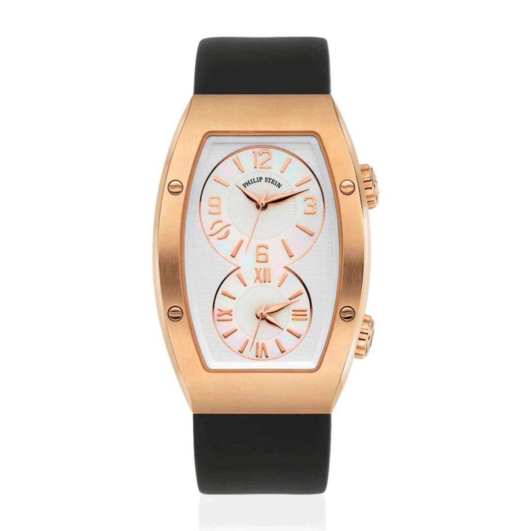 Philip Stein Dual Time Rose Gold Watch (Category: Women's Watches) located in Quezon City. Submitted by lovedbymaris (Listing ID 1441486812, Image 1). Description: - Philip Stein Dual Time Watch - Rose gold casing - White dial - Black rubber strap - Water resistant 30M - Unique design - Ideal for travel or tracking two time zones.