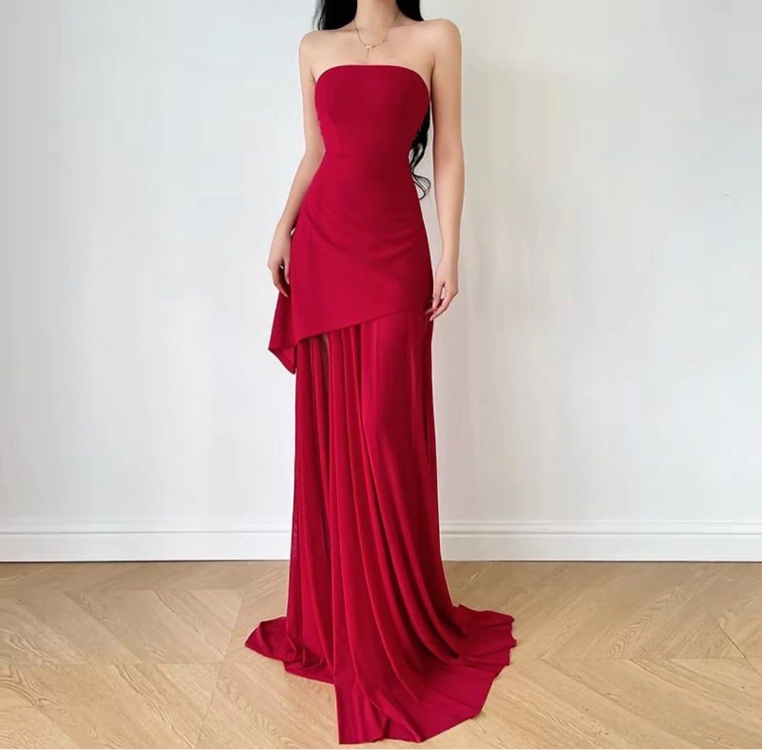 Red Strapless High Slit Asymmetrical Dress (Category: Evening dresses & gowns) located in Mandaluyong City. Submitted by vwonu (Listing ID 1441395582, Image 3). Description: - Beautiful red strapless gown - Features a high slit and asymmetrical hemline - Elegant fabric drape - Floor length - Zipper closure at the back - Perfect for formal events, parties, or a night out.