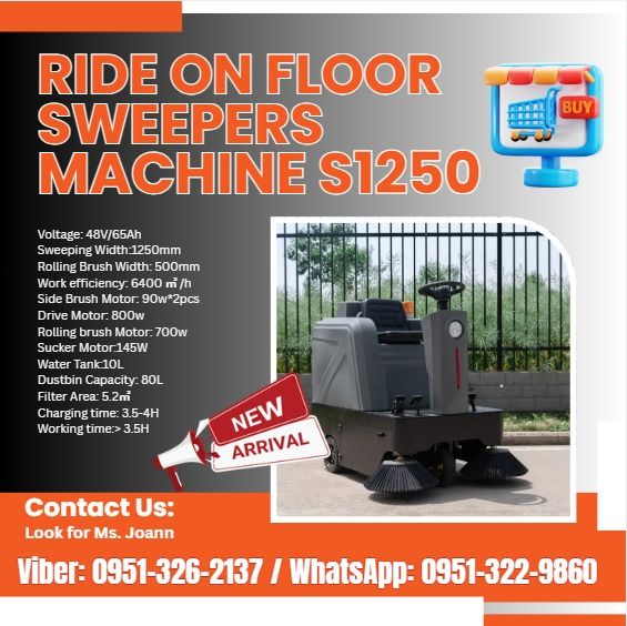 Ride on Floor Sweepers Machine S1250 (Category: Everything Else Others) located in Caloocan City. Submitted by lyracrimso54467 (Listing ID 1441480586, Image 1). Description: Voltage: 48V/65Ah Sweeping Width:1250mm Rolling Brush Width: 500mm Work efficiency: 6400 ㎡ /h Side Brush Motor: 90w*2pcs Drive Motor: 800w Rolling brush Motor: 700w Sucker Motor:145W Water Tank:10L Dustbin Capacity: 80L Filter Area: 5.2㎡ Charging time: 3.5-4H Working time:> 3