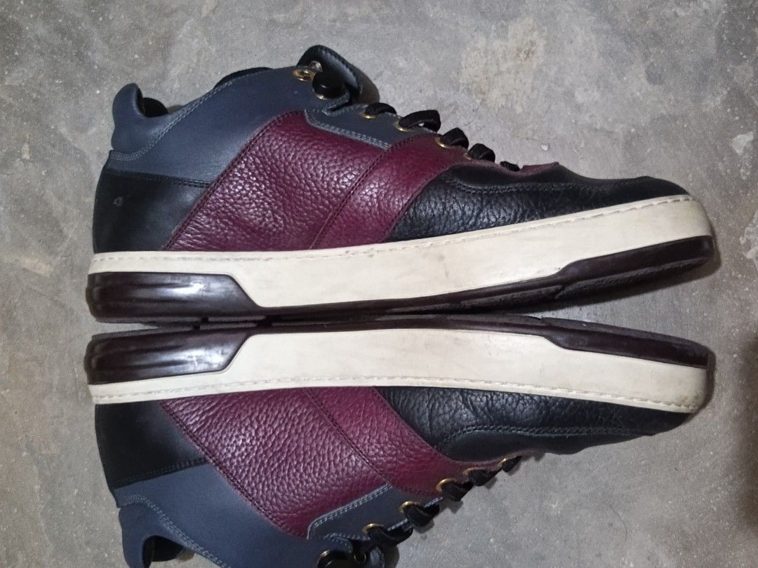 Salvatore Ferragamo Monroe Leather High Top Sneakers (Category: Sneakers & Footwear) located in Makati City. Submitted by unloadealr (Listing ID 1441523040, Image 3). Description: - Authentic Salvatore Ferragamo sneakers - Size:US 9 M - Color: Black, Burgundy, and Blue leather - Closure: Lace-up with gold-tone hardware - Origin: Made in Italy - Condition: Please check photos for detailed condition.