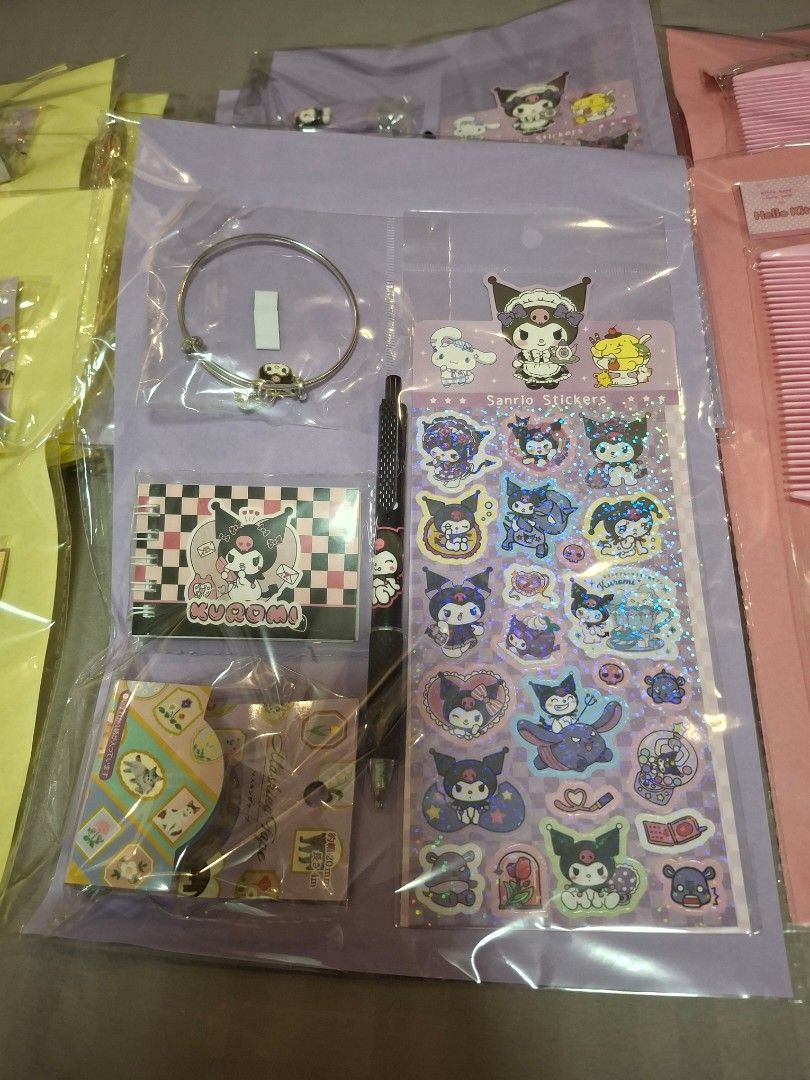 Sanrio Themed Giveaways Take All 14 Sets (Category: Stationery & School Supplies) located in Cavite. Submitted by f2squared_2nd_account (Listing ID 1441491658, Image 3). Description: RFS: These are extra's from my daughter's birthday party 14 sets with 4-5 items per set Details: 5 Sets of Kuromi - Bracelet or Nailcutter - Sticker - Ballpen - Mini Notebook - Purple Washi Tape (Not a Sanrio Design) 5 Sets of Pompompurin - Sticker - Hand Lotion (Man