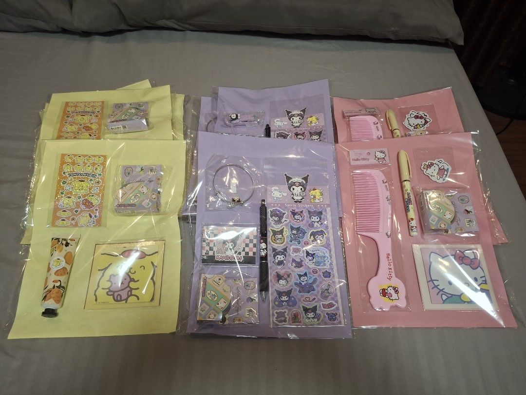 Sanrio Themed Giveaways Take All 14 Sets (Category: Stationery & School Supplies) located in Cavite. Submitted by f2squared_2nd_account (Listing ID 1441491658, Image 1). Description: RFS: These are extra's from my daughter's birthday party 14 sets with 4-5 items per set Details: 5 Sets of Kuromi - Bracelet or Nailcutter - Sticker - Ballpen - Mini Notebook - Purple Washi Tape (Not a Sanrio Design) 5 Sets of Pompompurin - Sticker - Hand Lotion (Man