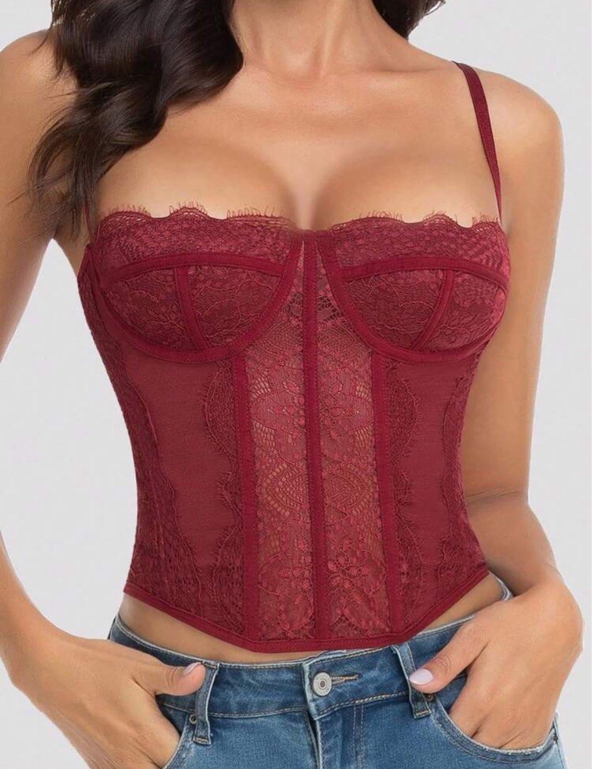 Shein unused sexy tops (Category: Sleeveless) located in Bacolod City. Submitted by soleyaaah (Listing ID 1441505356, Image 3). Description: - Beautiful lace corset tops - Available in white, black, and burgundy - Features adjustable straps - Flattering silhouette - Versatile: perfect for layering or wearing on its own - Adds allure to any outfit - Ideal for parties or a night out.