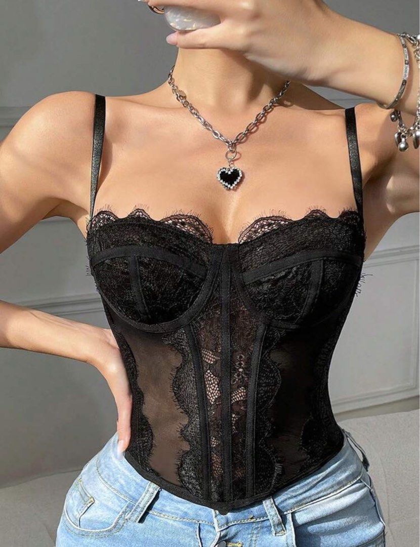 Shein unused sexy tops (Category: Sleeveless) located in Bacolod City. Submitted by soleyaaah (Listing ID 1441505356, Image 2). Description: - Beautiful lace corset tops - Available in white, black, and burgundy - Features adjustable straps - Flattering silhouette - Versatile: perfect for layering or wearing on its own - Adds allure to any outfit - Ideal for parties or a night out.