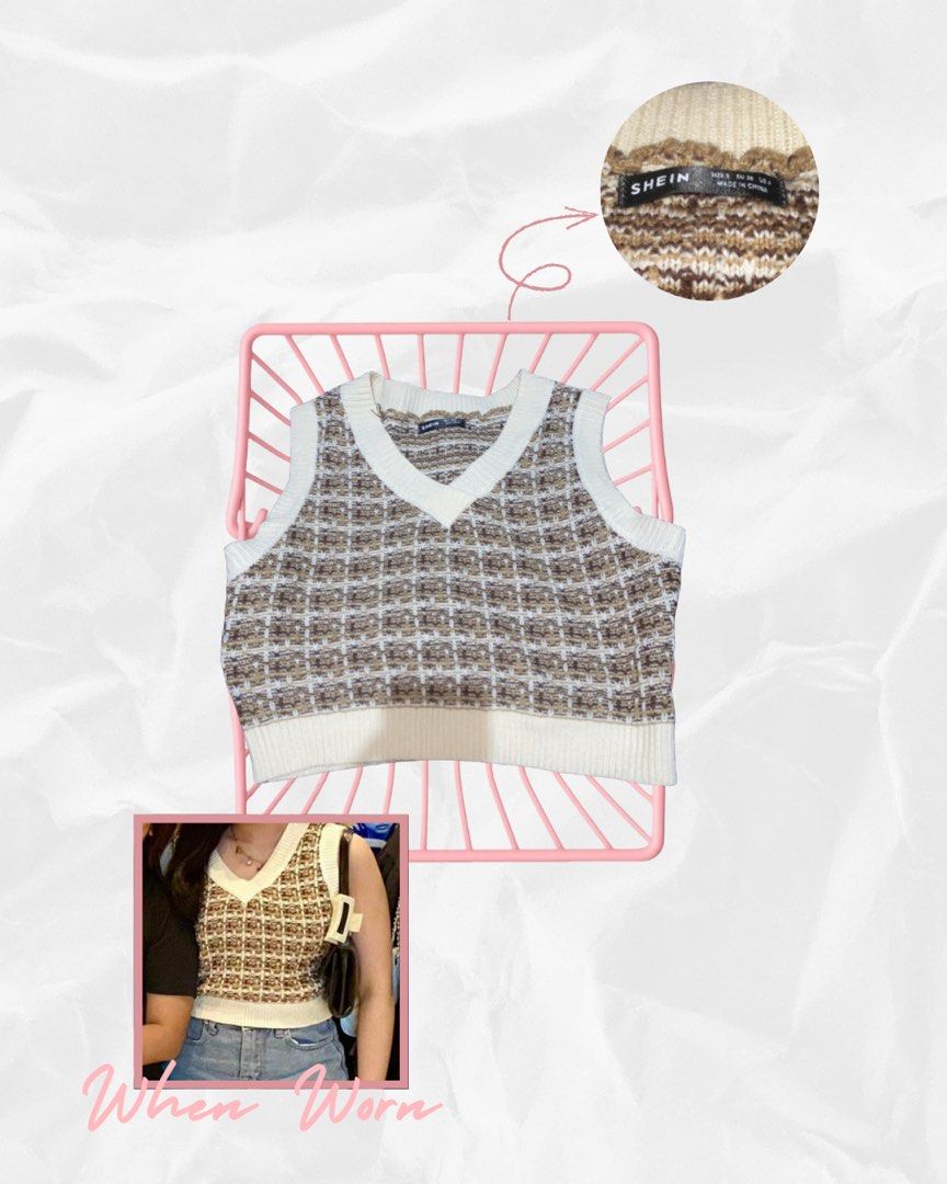 SHEIN V-Neck Knit Sweater Vest (Category: Sleeveless) located in Manila. Submitted by wellovedbysa (Listing ID 1441558445, Image 1). Description: - SHEIN knitted sweater vest - S on tag but will fit M - Brown and white checkered pattern - White trim detail.