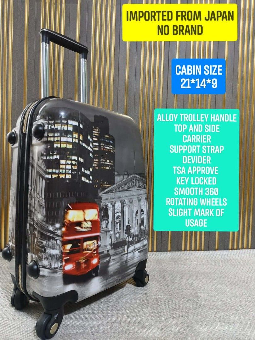 SMALL LUGGAGE NO BRAND FROM JAPAN (Category: Luggage) located in Valenzuela. Submitted by se_japansurplus (Listing ID 1441411048, Image 1). Description: 📍NO BRAND INDICATED IMPORTED FROM JAPAN ⚡⚡SALE NEW ARRIVAL ⚡⚡ imported from Japan Cabin size luggage ✨Aluminum trolley handle ✨Zipper type with TSA approved key lock ✨printed Polycarbonate Hardcase ✨TOP and side carrier ✨Telescopic PUSH handle ✨Smooth and silent 360 ROTATION WHEELS ✨WIDE space s