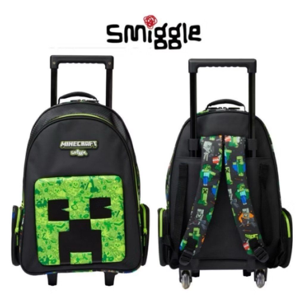 Smiggle Minecraft Rolling Backpack with Wheels (Category: Babies & Kids Fashion) located in Calamba. Submitted by hgrajo (Listing ID 1441494133, Image 1). Description: - Official Smiggle x Minecraft collaboration - Features iconic Creeper face on the front - Fun Minecraft character prints on straps and sides - Built-in wheels for easy rolling - Retractable handle for convenient transport - Ideal for school, travel, or everyday use - Kids will lov