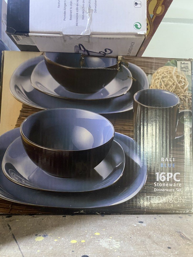 Thomson Pottery Bali Blue 16pc Stoneware Dinnerware Set (Category: Dinnerware & Cutlery) located in Manila. Submitted by minimalist.mooma (Listing ID 1441386747, Image 1). Description: - Thomson Pottery Bali Blue stoneware dinnerware set - 16 pieces total, service for 4 - Includes plates, bowls, and mugs - Beautiful dark blue with a subtle gold rim - Ideal for everyday meals or special gatherings - Brand new, unopened box.